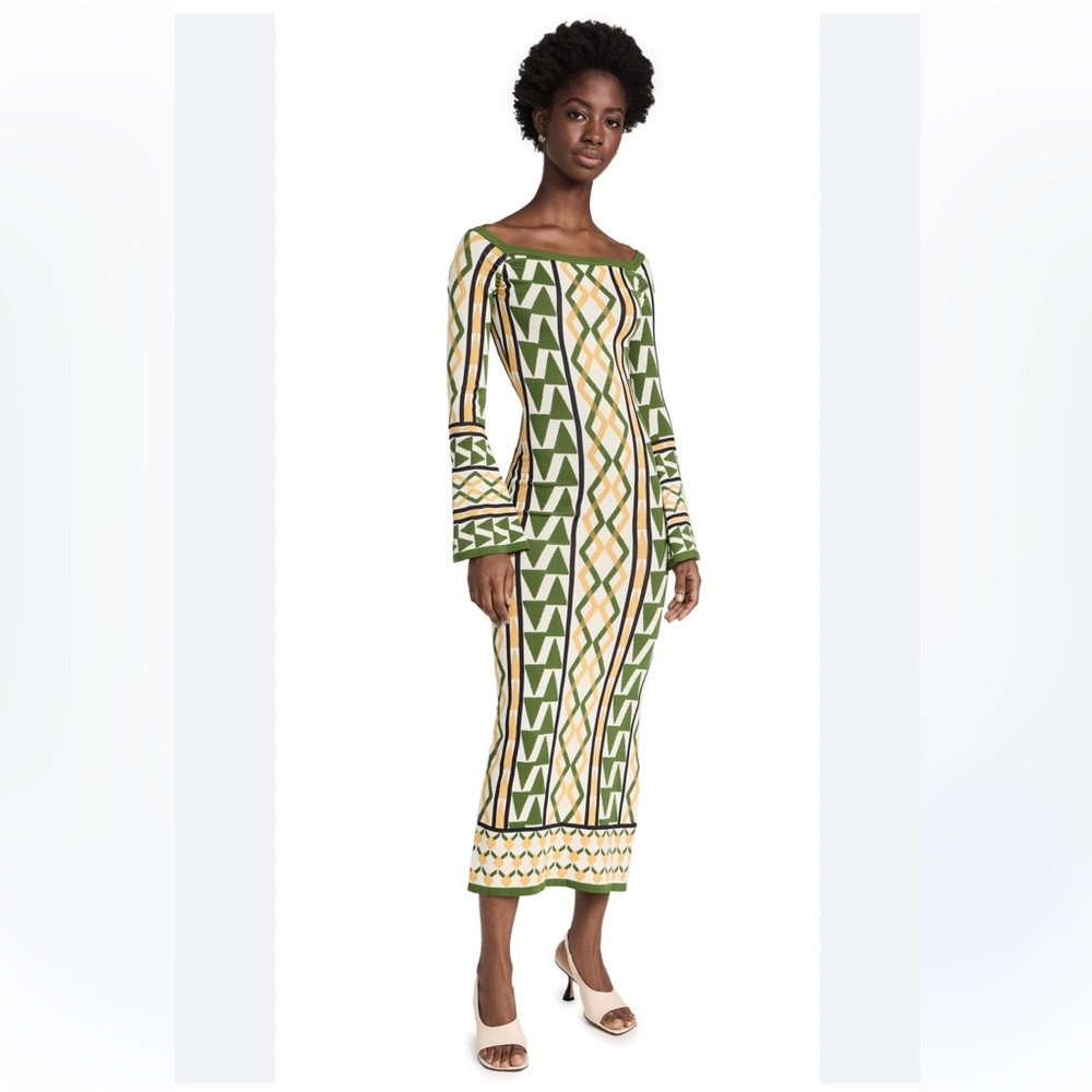 New Misa Los Angeles Green and Cream Knit Jaquetta Long-Sleeve Dress